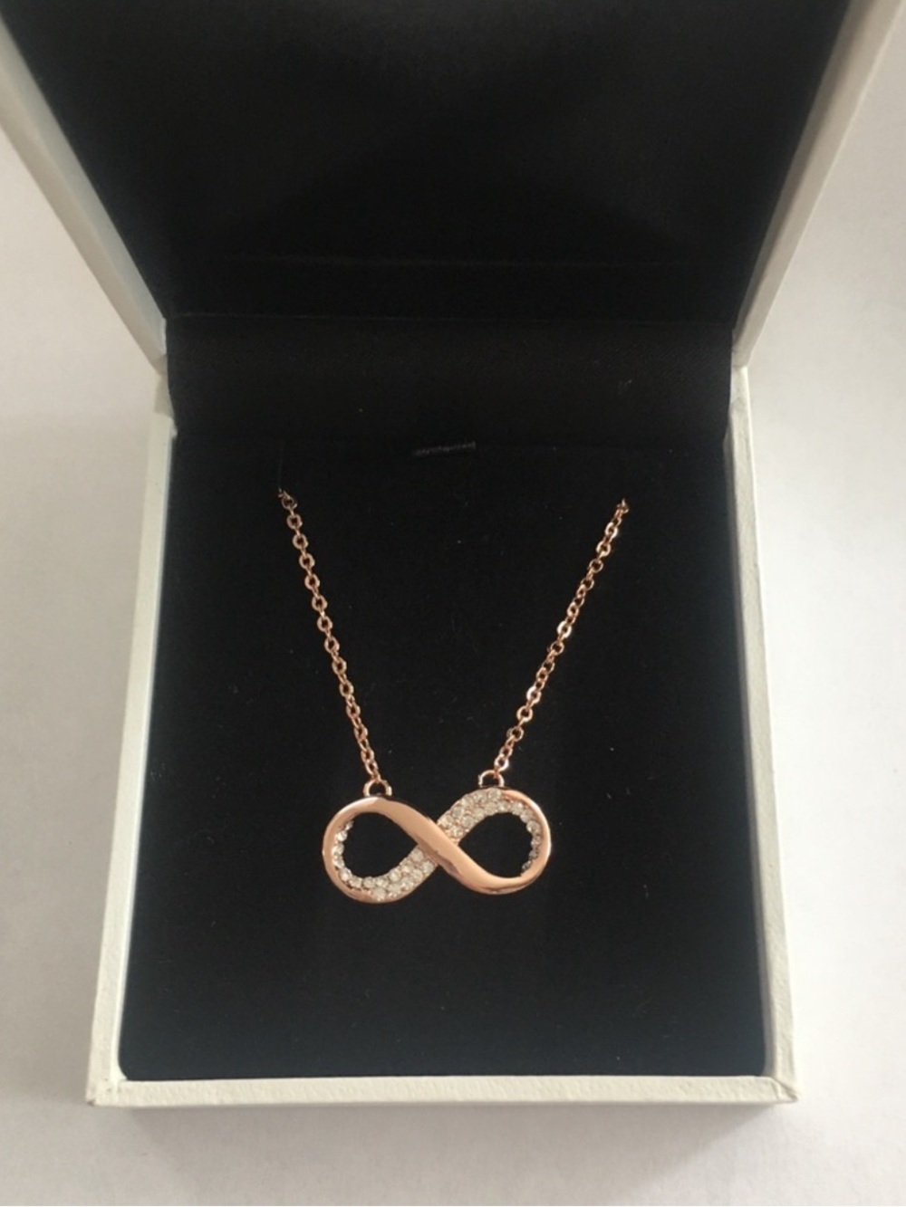 Rose gold plated & cz infinity designer necklace NWOT in gift box